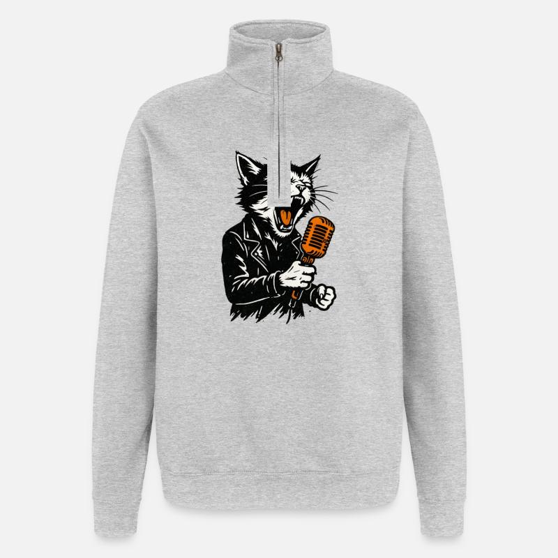 Katzenrocker mit Mikrofon - Quarter-Zip-Sweatshirt - Grau meliert