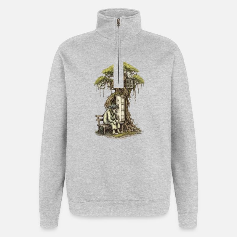 Baumhausgedicht: Greis hockt vor Baum - Quarter-Zip-Sweatshirt - Grau meliert