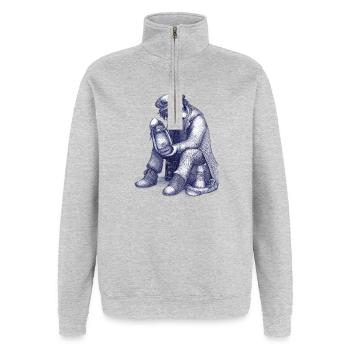 Triste | Stylo à bille peint à la main - Sweat à zip 1/4 - gris chiné - Devant - AI Model Female 172 light (172cm) & AI Model Male 178 dark (178cm)