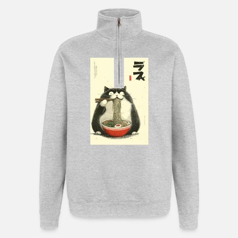 Nudelnde Katzen-Ramen - Quarter-Zip-Sweatshirt - Grau meliert