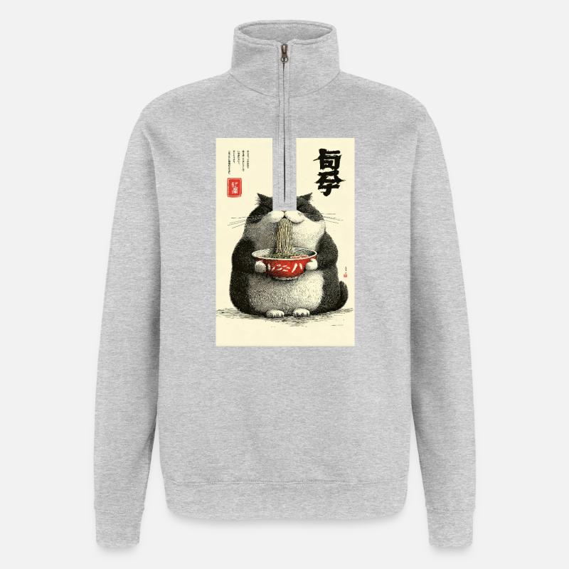 Neko-Nudelfest im Ukiyo-e-Stil - Quarter-Zip-Sweatshirt - Grau meliert