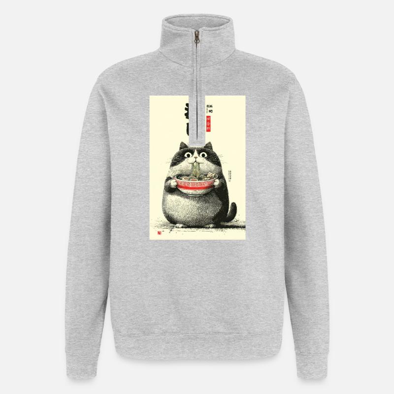 Portrait du chat ramen - Sweat à zip 1/4 - gris chiné