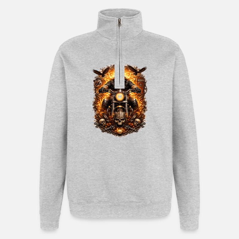Flammen-Biker Schädel - Quarter-Zip-Sweatshirt - Grau meliert