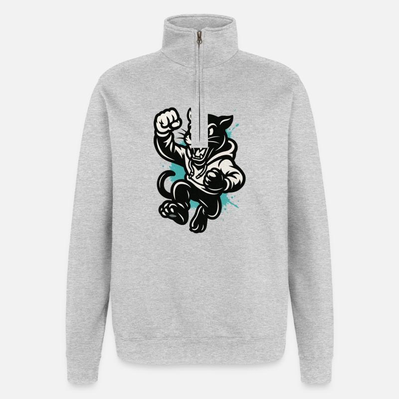 Chat Combattant en Sweat à Capuche - Sweat à zip 1/4 - gris chiné