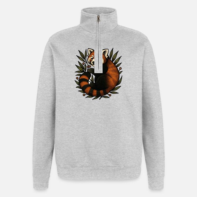 Panda rouge dans le feuillage - Sweat à zip 1/4 - gris chiné