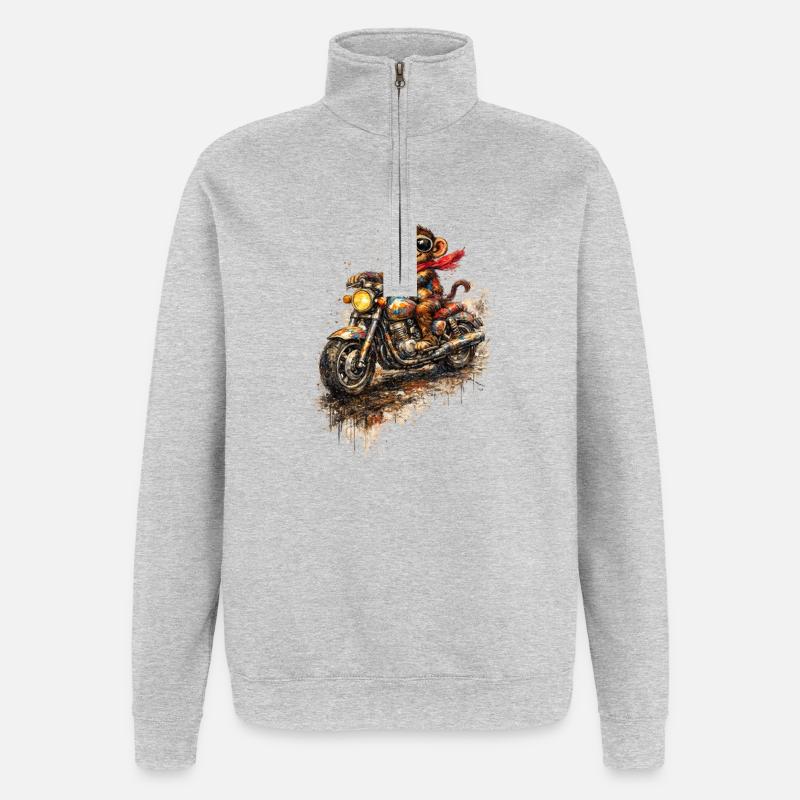 Affe auf bunter Motorradfahrt - Quarter-Zip-Sweatshirt - Grau meliert