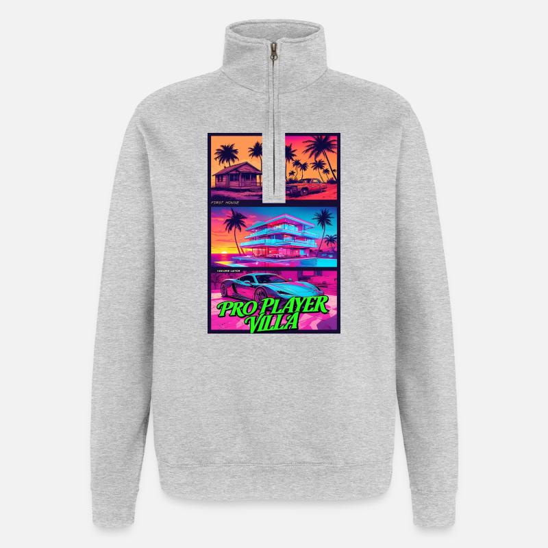 PROFISPIELER VILLA - Neon Synthwave Gaming Art - Quarter-Zip-Sweatshirt - Grau meliert