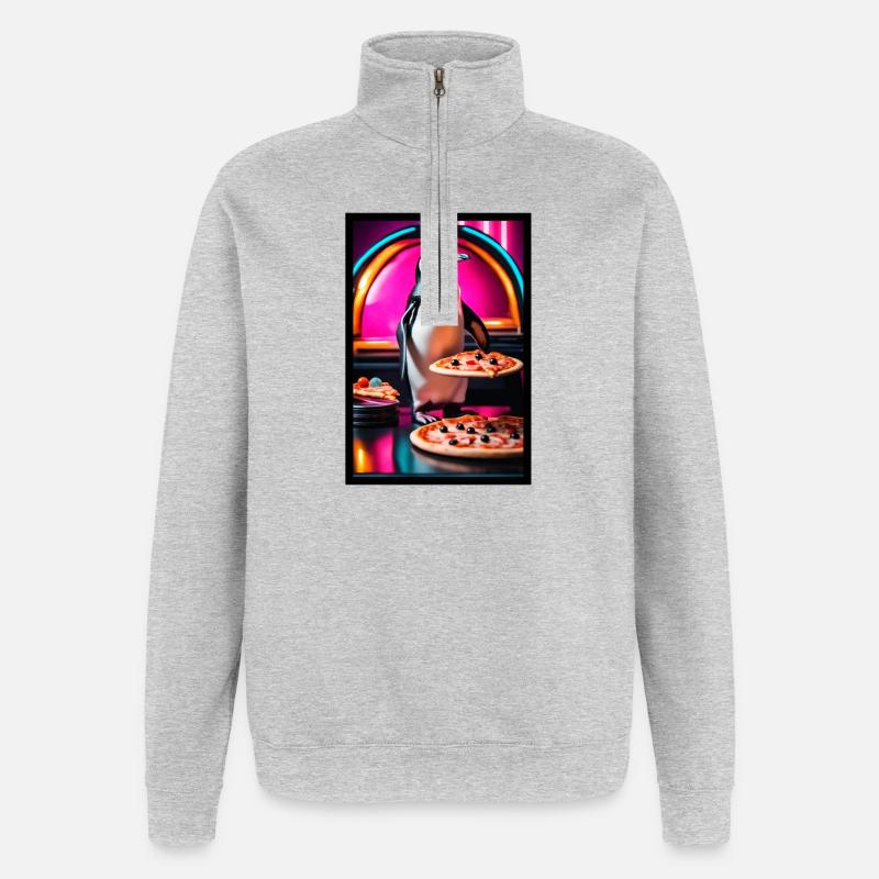Pingouin au Pizza Neon Diner - Sweat à zip 1/4 - gris chiné