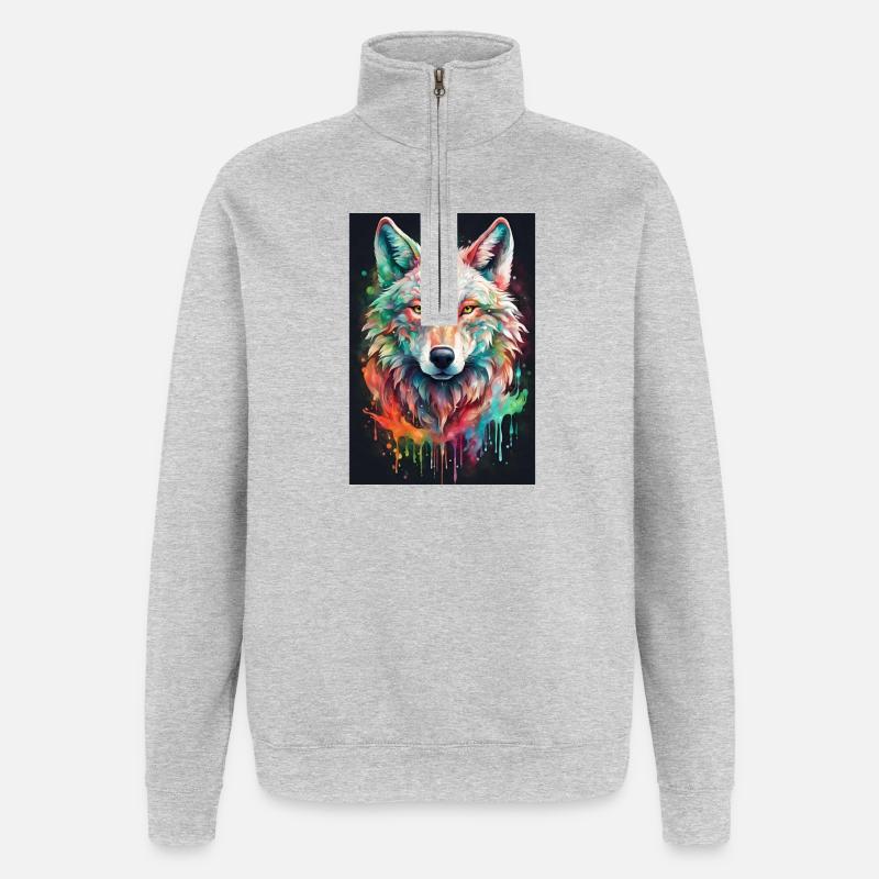 Bunter Wolfkopf Farbexplosion - Quarter-Zip-Sweatshirt - Grau meliert