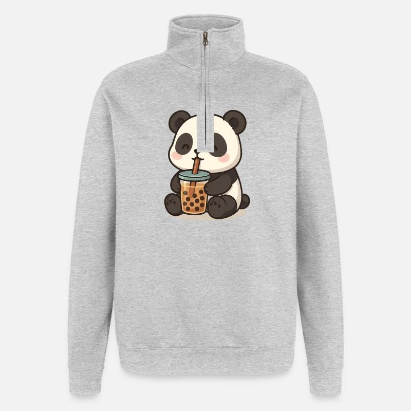 Pandabär mit Bubble Tea - Quarter-Zip-Sweatshirt - Grau meliert
