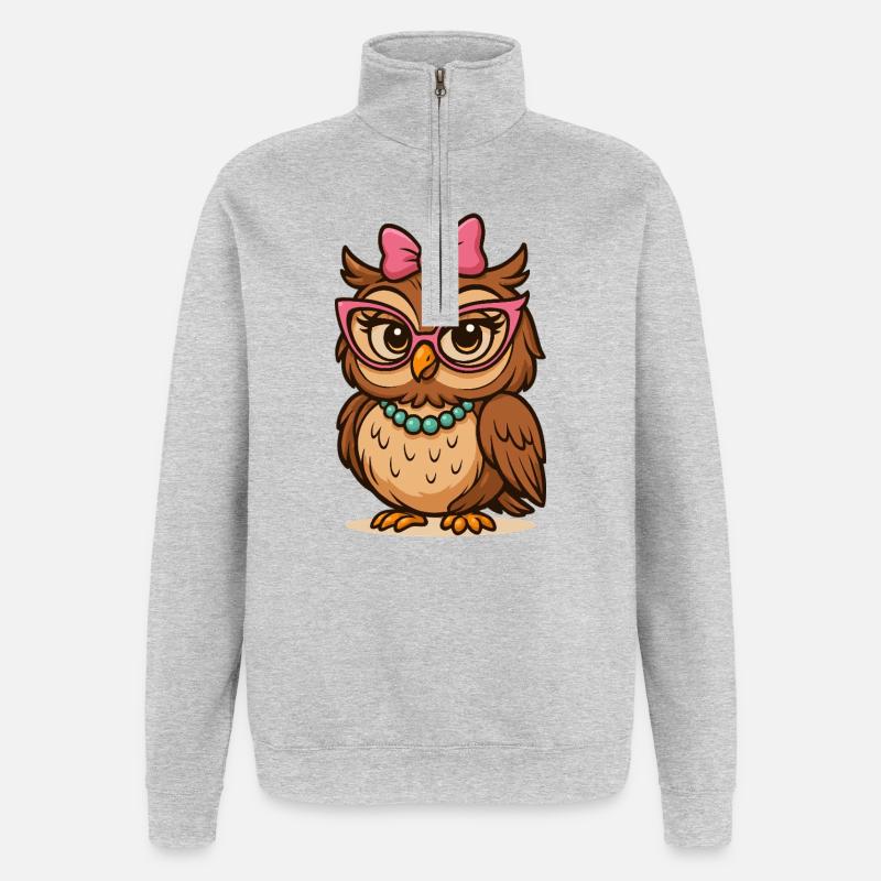 Pfiffige Eule mit pinken Brillen - Quarter-Zip-Sweatshirt - Grau meliert