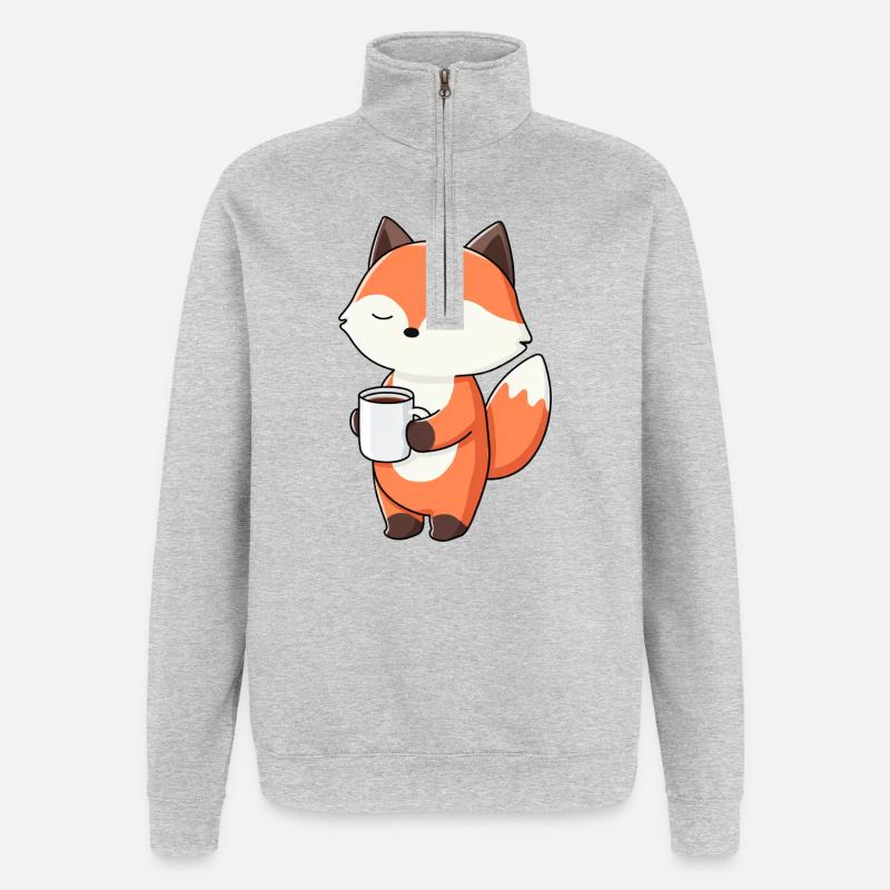 Fuchs mit Kaffeetassen-Zauber - Quarter-Zip-Sweatshirt - Grau meliert