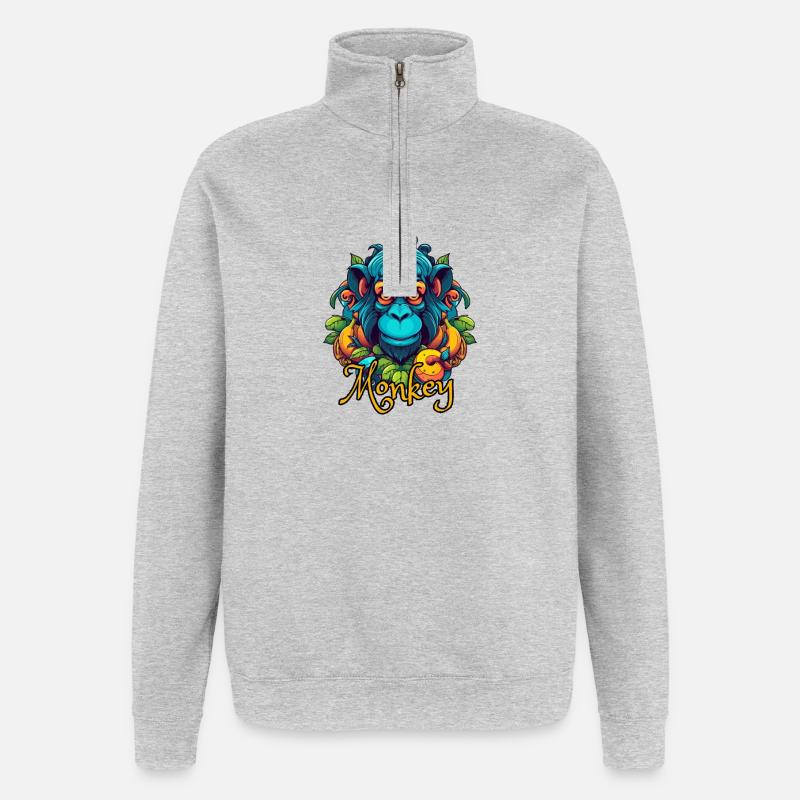 Tête de singe tropical néon - Sweat à zip 1/4 - gris chiné