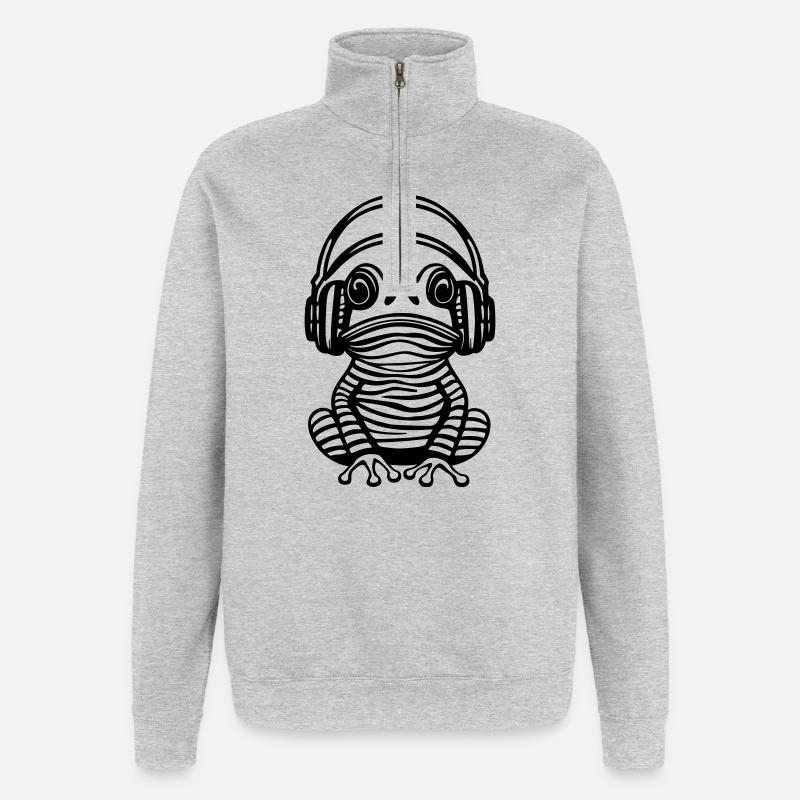 Frosch mit Kopfhörern - Quarter-Zip-Sweatshirt - Grau meliert
