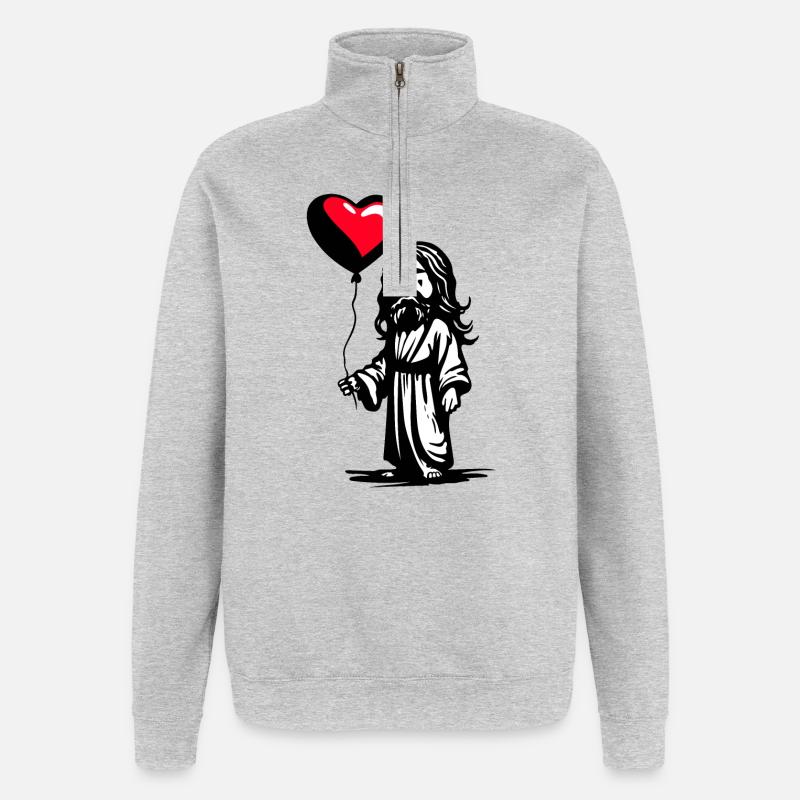 Jesus mit Herz Luftballon - Heartful Creatures - Quarter-Zip-Sweatshirt - Grau meliert
