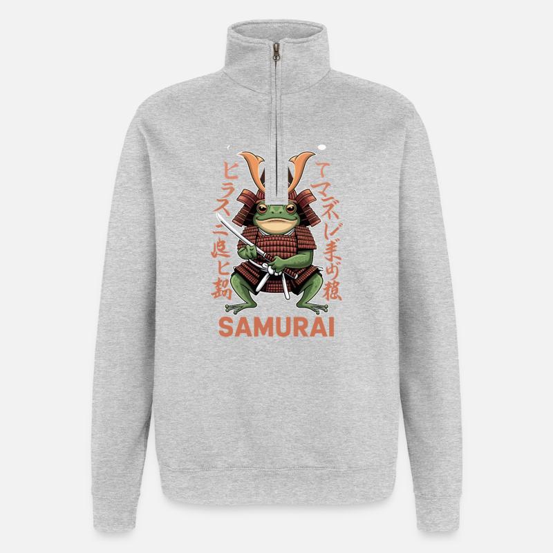 Samurai Frog Warrior Illustration with - Quarter-Zip Sweatshirt - heather grey