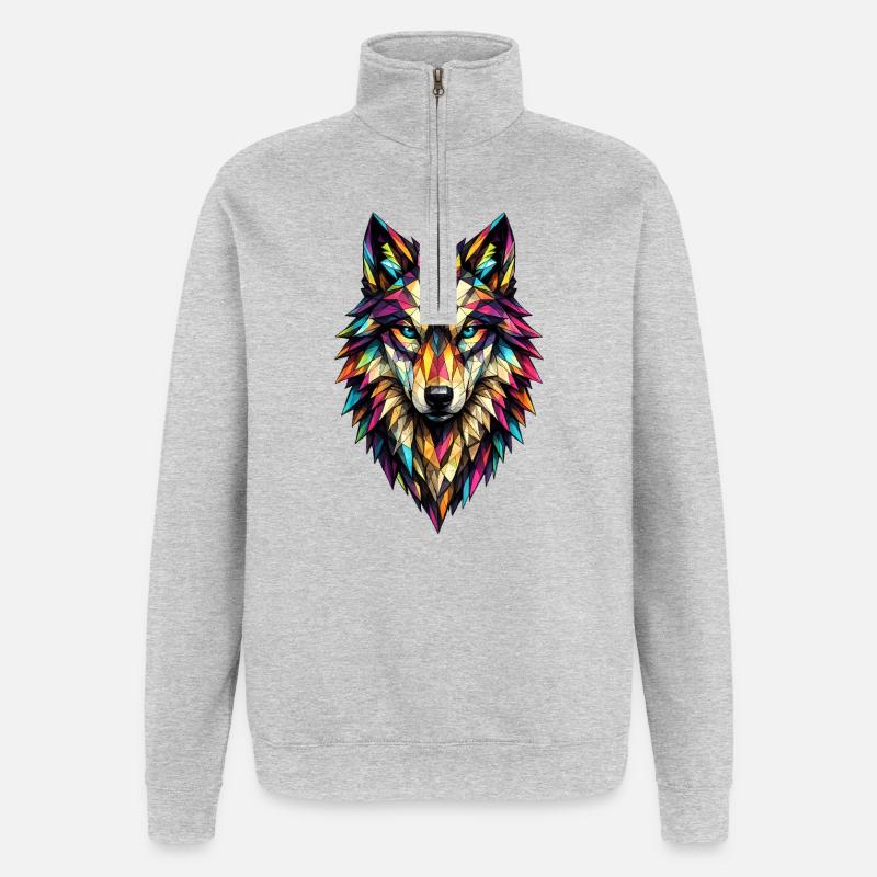 Farbgeometrischer Wolf - Quarter-Zip-Sweatshirt - Grau meliert
