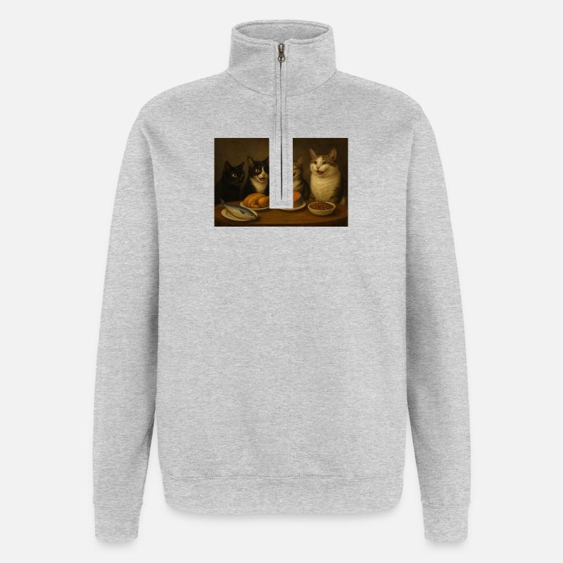 Vier Katzen beim Festmahl am Tisch - Quarter-Zip-Sweatshirt - Grau meliert