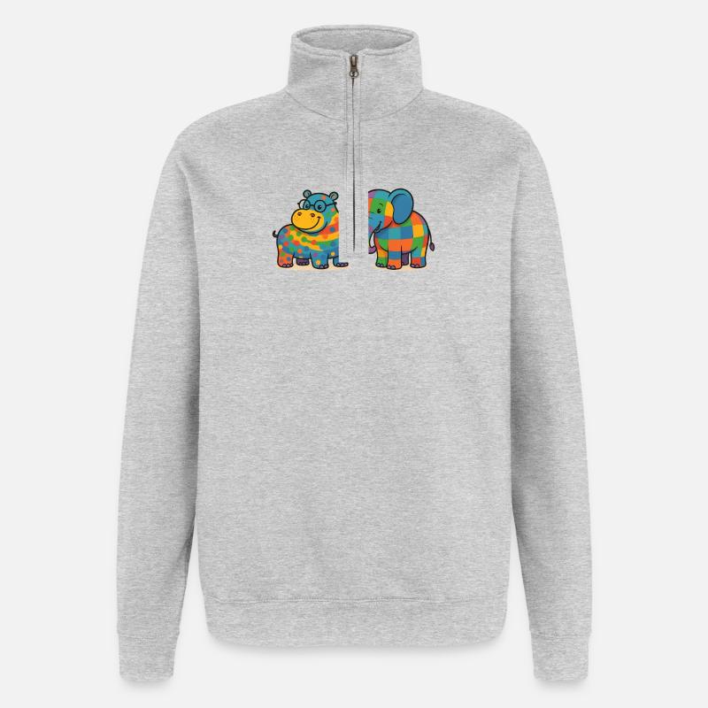 Bunte Elefanten-Nilpferd-Haustiere - Quarter-Zip-Sweatshirt - Grau meliert