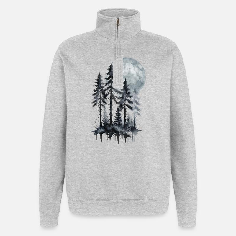 Mondschein Wald Aquarell Silhouette - Quarter-Zip-Sweatshirt - Grau meliert