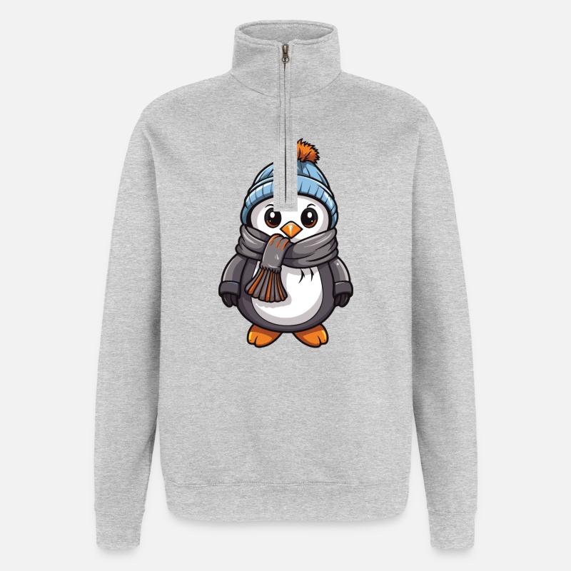 Pinguin Comic Niedlich Winter - Quarter-Zip-Sweatshirt - Grau meliert