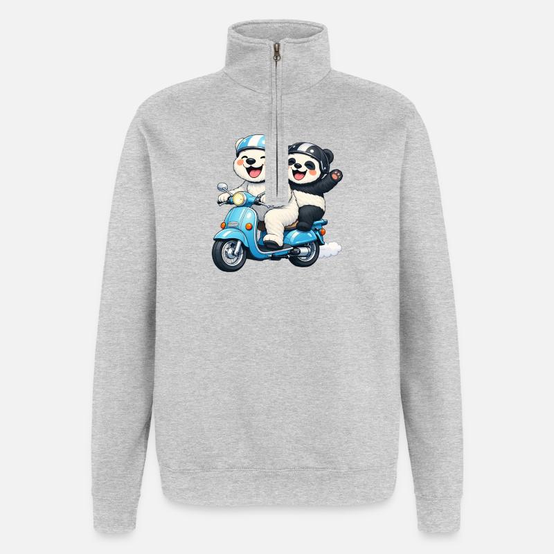 Eisbär und Pandabär auf einem Roller - Quarter-Zip-Sweatshirt - Grau meliert
