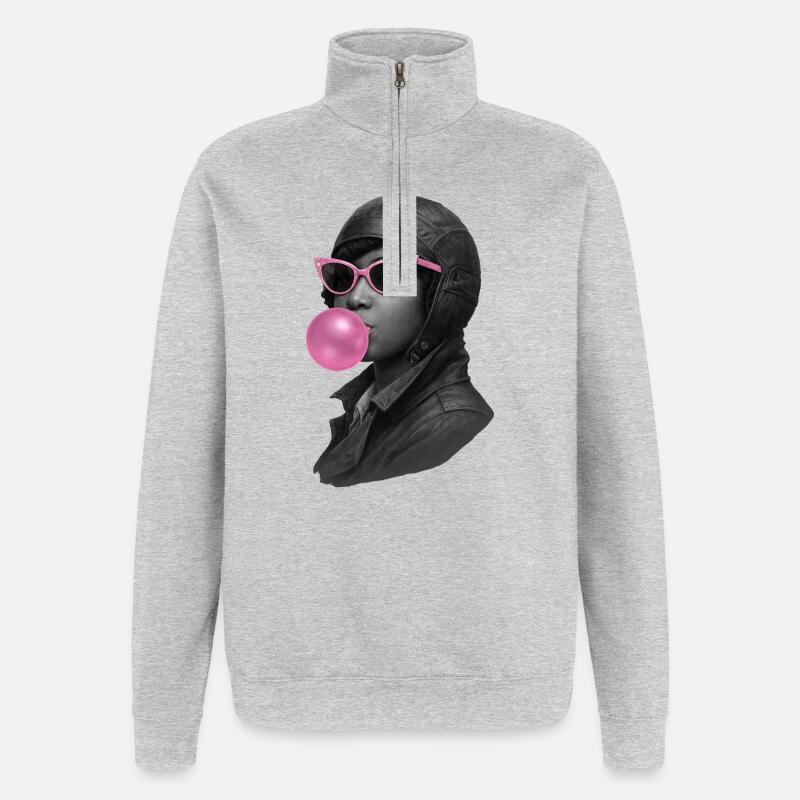 Bessie Coleman con occhiali da sole rosa e gomma da masticare - Felpa con zip 1/4 - grigio melange