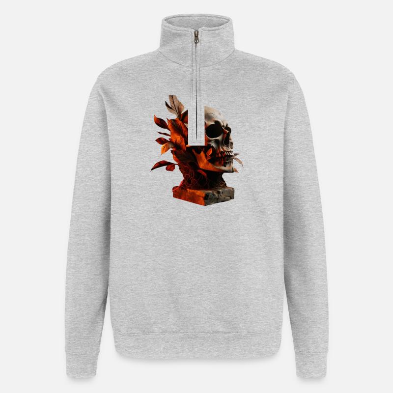 Crâne d’automne avec feuillage - Sweat à zip 1/4 - gris chiné