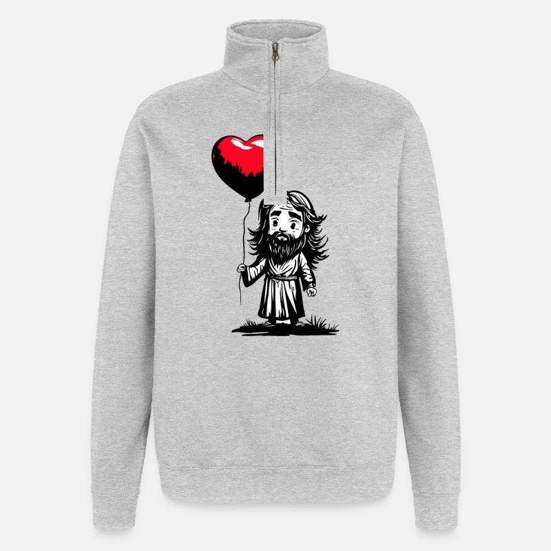 Jesus mit Herz Luftballon - Heartful Creatures - Quarter-Zip-Sweatshirt - Grau meliert