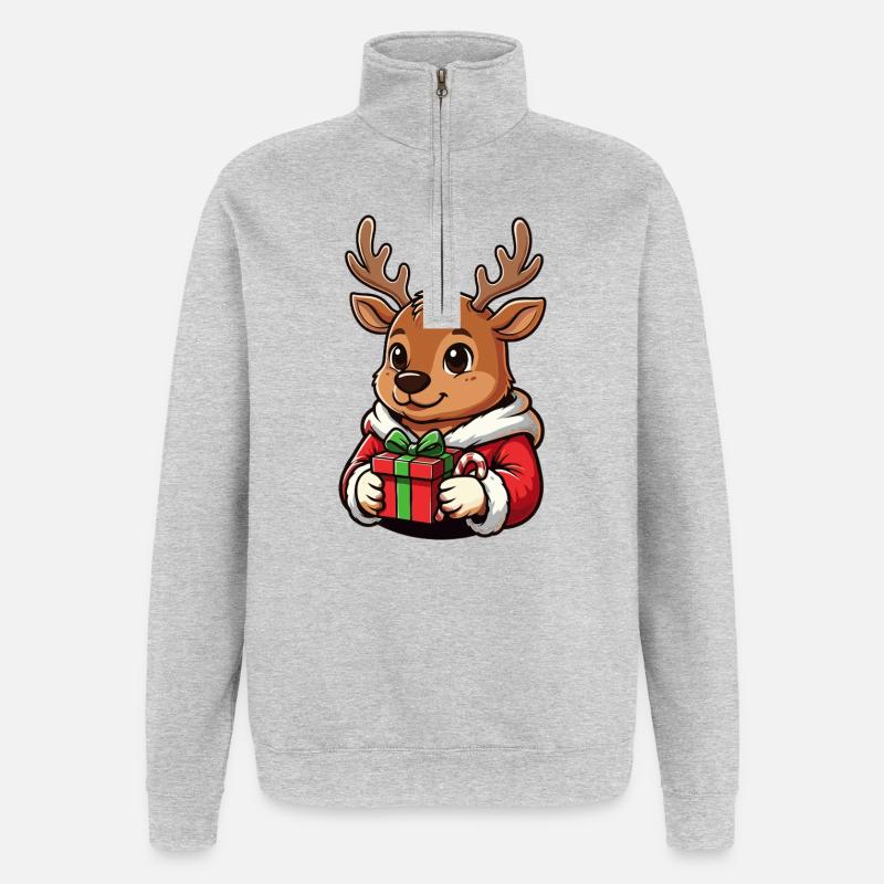 Renne de Noël avec cadeau - Sweat à zip 1/4 - gris chiné