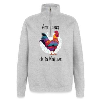 Amoureux de la Nature - Poule - Coq - Sweat à zip 1/4 - gris chiné - Devant - AI Model Female 172 light (172cm) & AI Model Male 178 dark (178cm)
