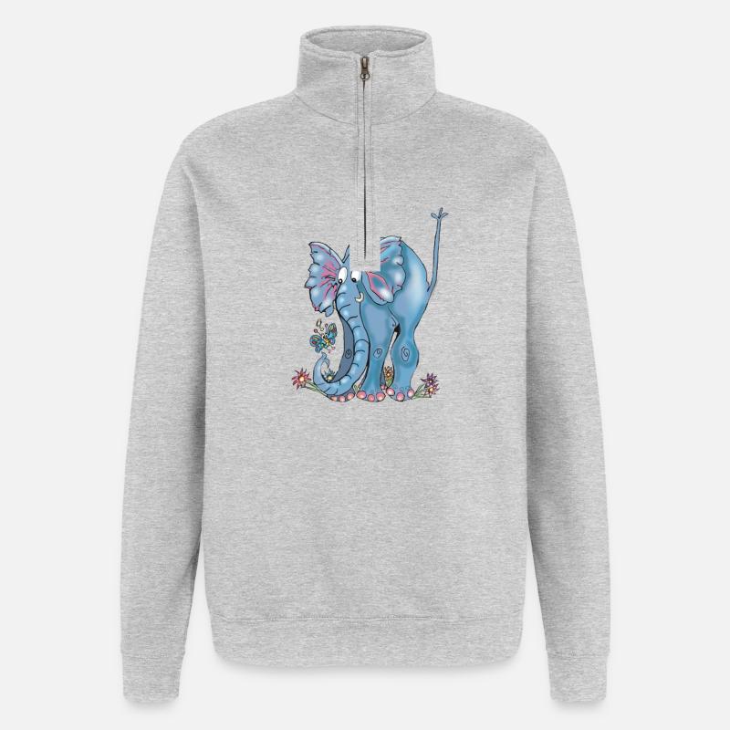 Verspielter blauer Elefant und Schmetterlinge - Quarter-Zip-Sweatshirt - Grau meliert