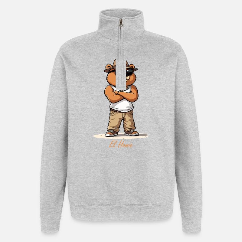 Ours de style plage avec chapeau - Sweat à zip 1/4 - gris chiné