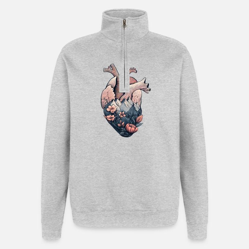 Anatomisches Herz mit Bergen und Blumen - Quarter-Zip-Sweatshirt - Grau meliert