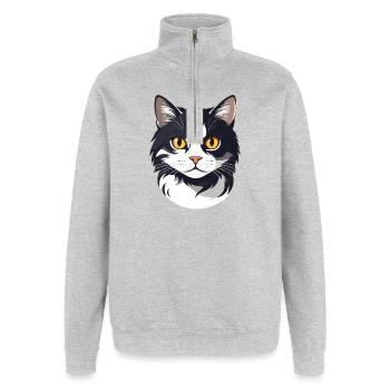 schwarz weiß Katzenkopf Grafik süß Katze Goldaugen - Quarter-Zip-Sweatshirt - Grau meliert - Vorne - AI Model Female 172 light (172cm) & AI Model Male 178 dark (178cm)