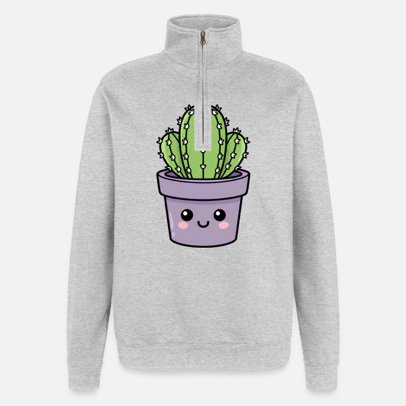 Cactus Kawaii dans un pot violet - Sweat à zip 1/4 - gris chiné