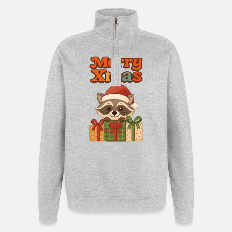 Weihnachts Waschbär mit Geschenken - Quarter-Zip-Sweatshirt - Grau meliert