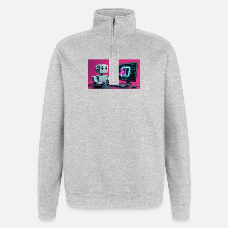 Futuristischer KI-Roboter und Tech-Bildschirm - Quarter-Zip-Sweatshirt - Grau meliert