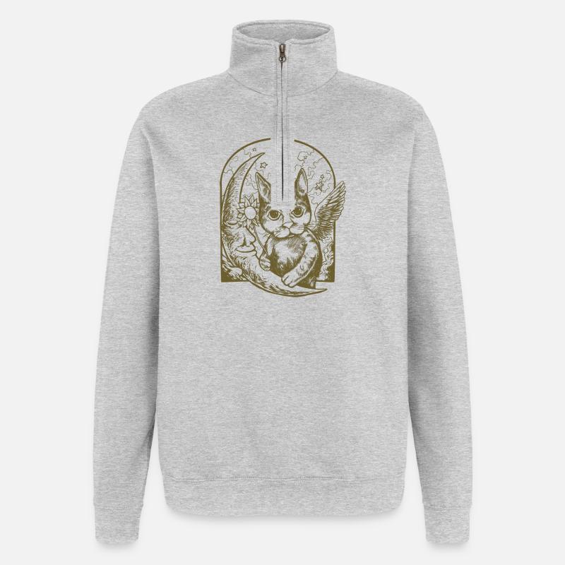Chat céleste et lune ailée - Sweat à zip 1/4 - gris chiné