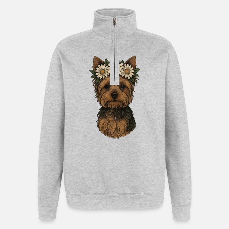 Yorkshire Terrier mit Gänseblümchenkrone - Quarter-Zip-Sweatshirt - Grau meliert