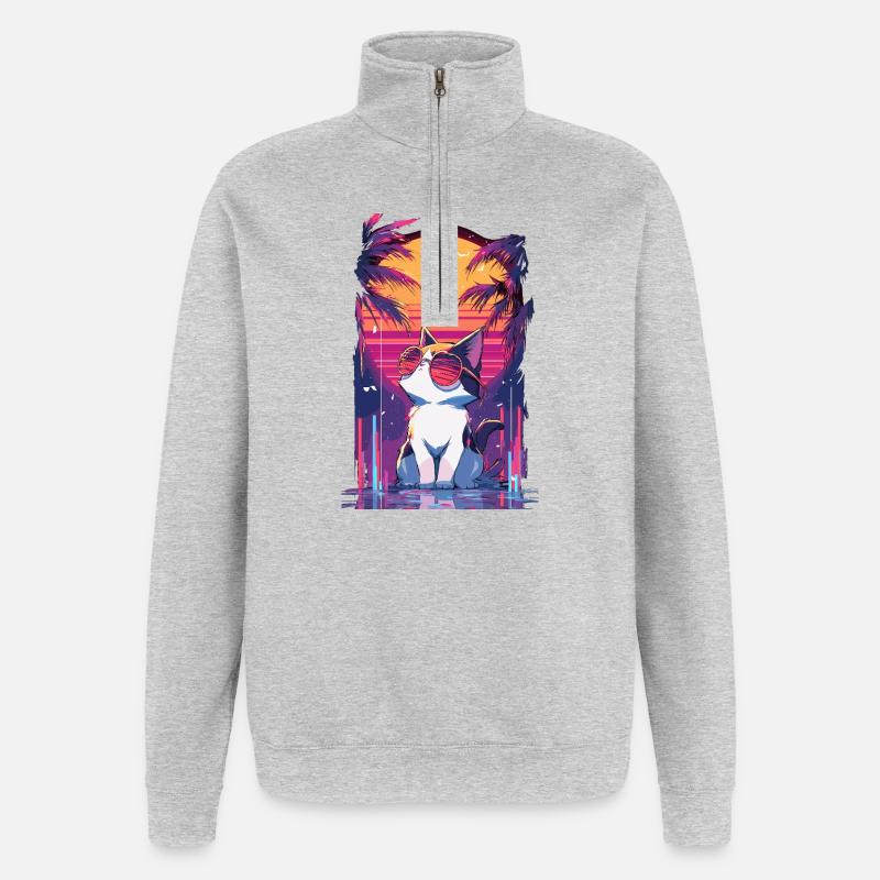 Chats Néon Coucher de soleil - Sweat à zip 1/4 - gris chiné