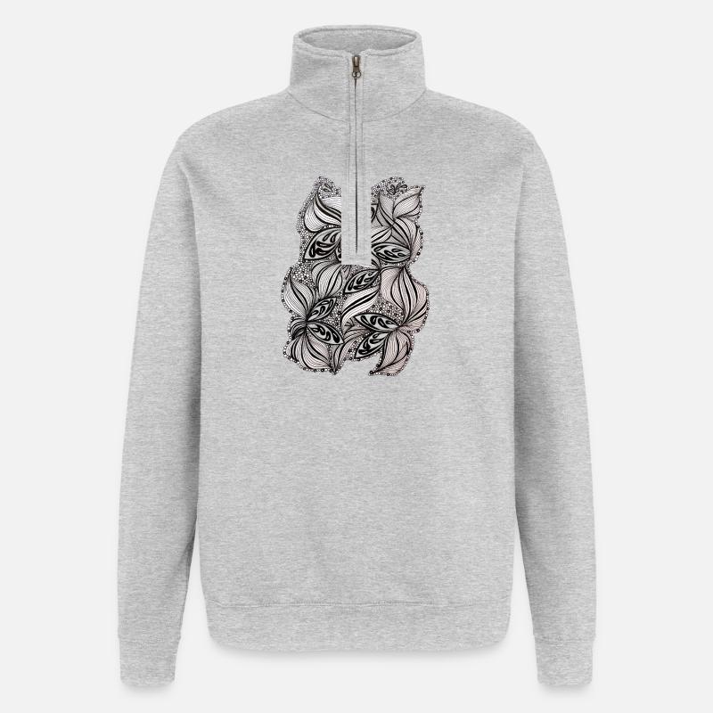 Schwarz-Weiß Blattmuster - Quarter-Zip-Sweatshirt - Grau meliert