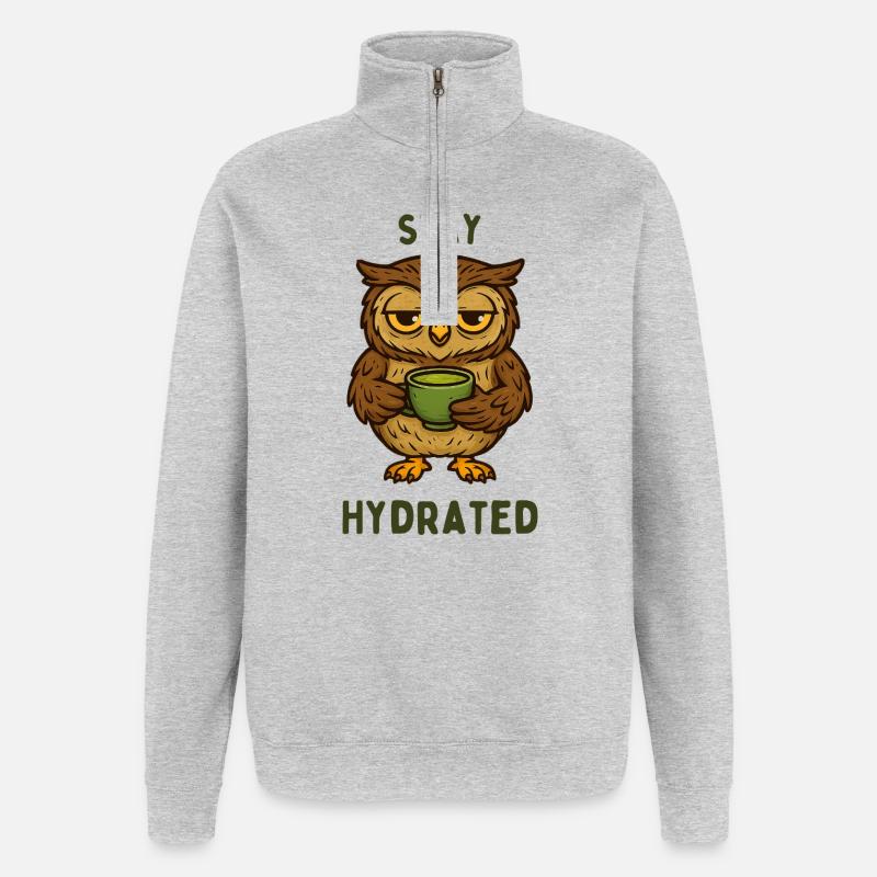 Restez hydrogéné – Hibou avec thé vert - Sweat à zip 1/4 - gris chiné