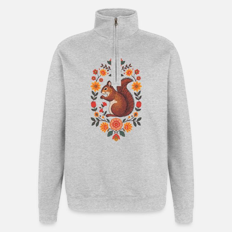 Écureuil dans une couronne de fleurs - Sweat à zip 1/4 - gris chiné