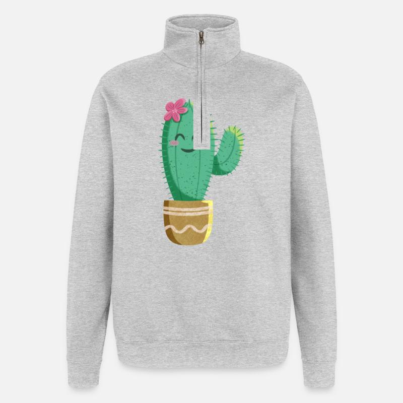 Cactus mignon avec fleur - Sweat à zip 1/4 - gris chiné