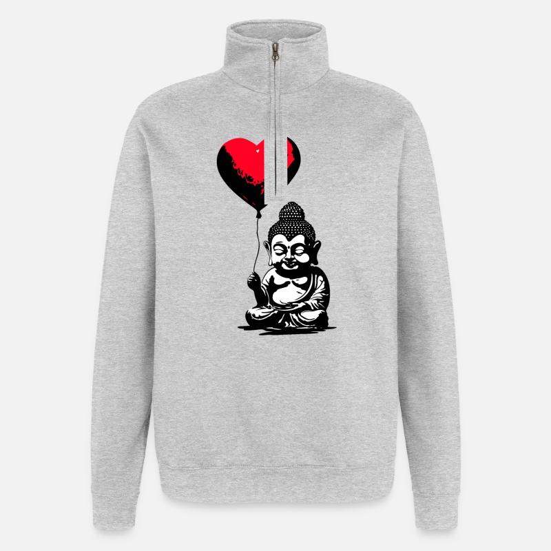 Buddha mit Herz Luftballon - Heartful Creatures - Quarter-Zip-Sweatshirt - Grau meliert