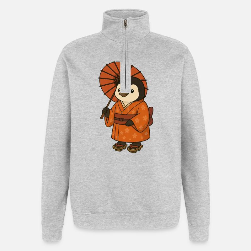Mignon Pingouin Japon Anime Tradition - Sweat à zip 1/4 - gris chiné