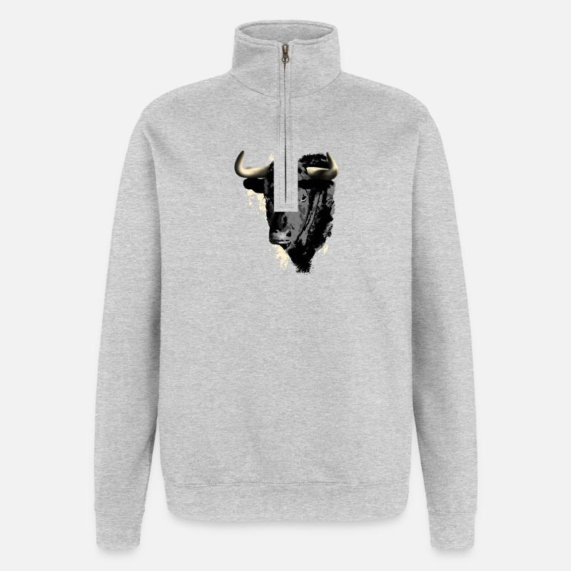 Gravure à tête de taureau - Sweat à zip 1/4 - gris chiné