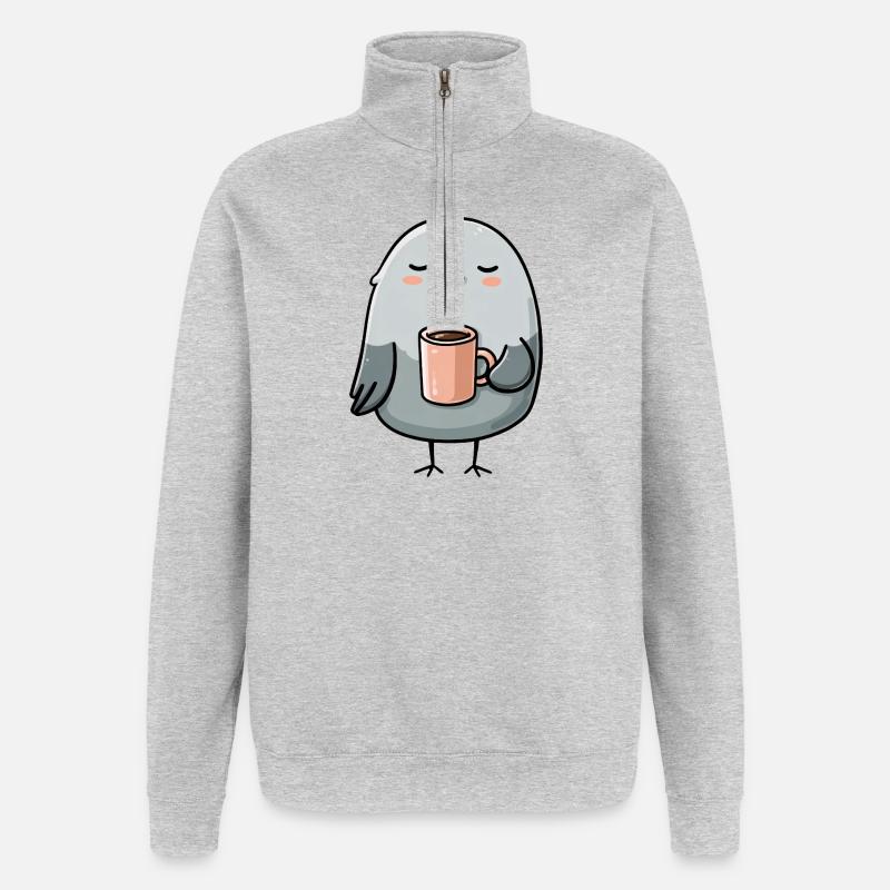 Gemütliche Taube mit Kaffeetasse - Quarter-Zip-Sweatshirt - Grau meliert
