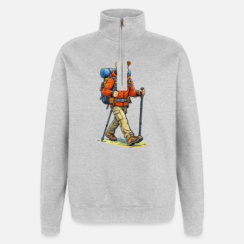 Abenteuerlicher Wanderer mit Rucksack - Quarter-Zip-Sweatshirt - Grau meliert